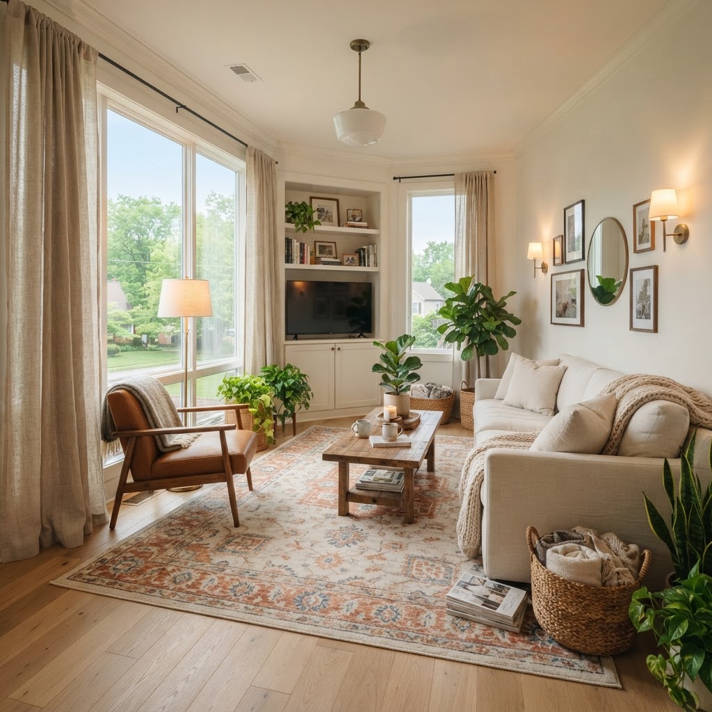 Layered lighting and tall curtains instantly elevate a standard rental apartment.