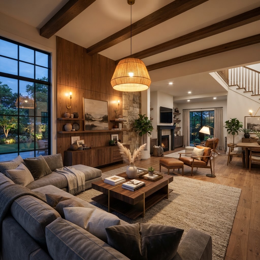 Strategic use of wall and ceiling lights for a balanced, sophisticated living space.