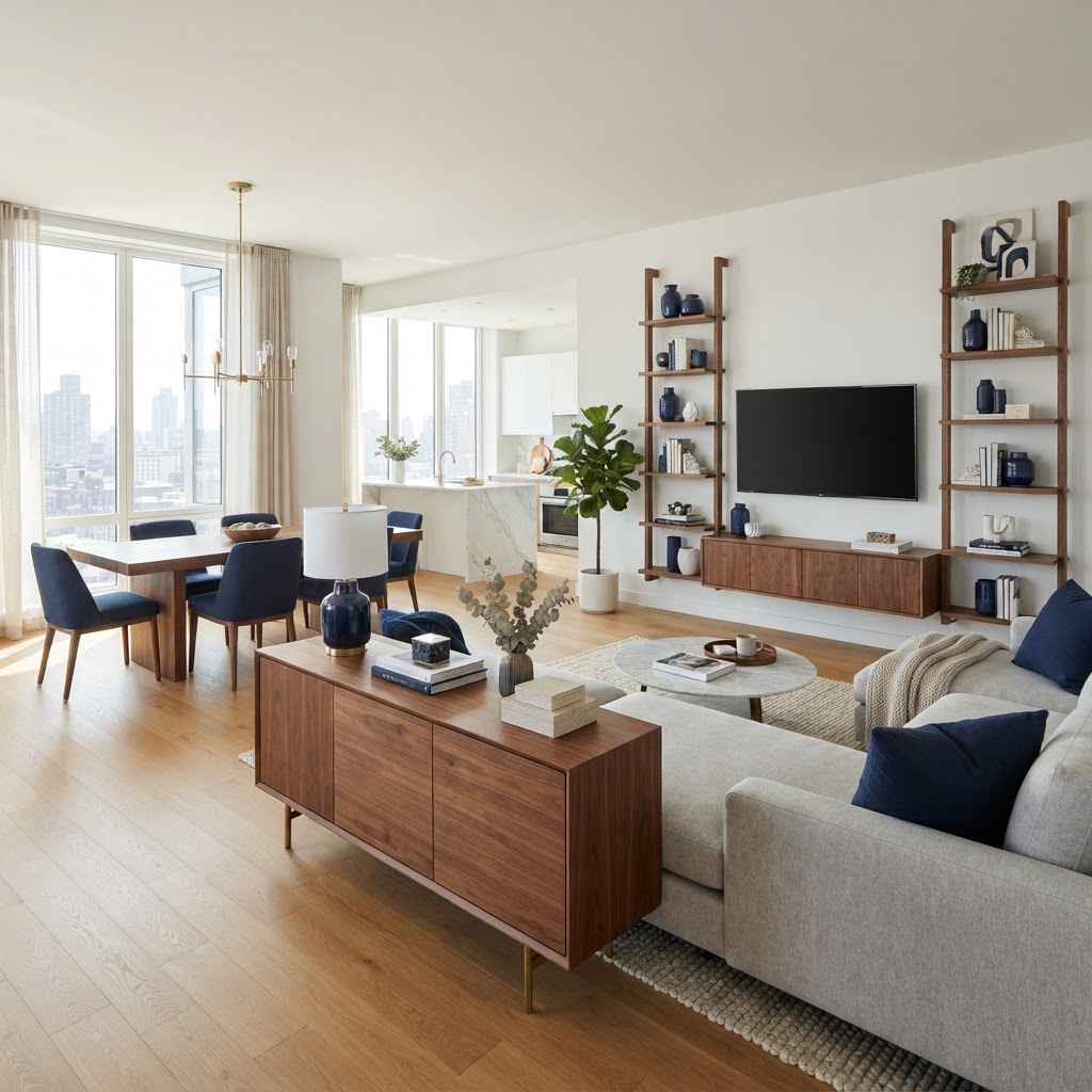 Strategic use of accent colors ties separate zones together for a cohesive look.