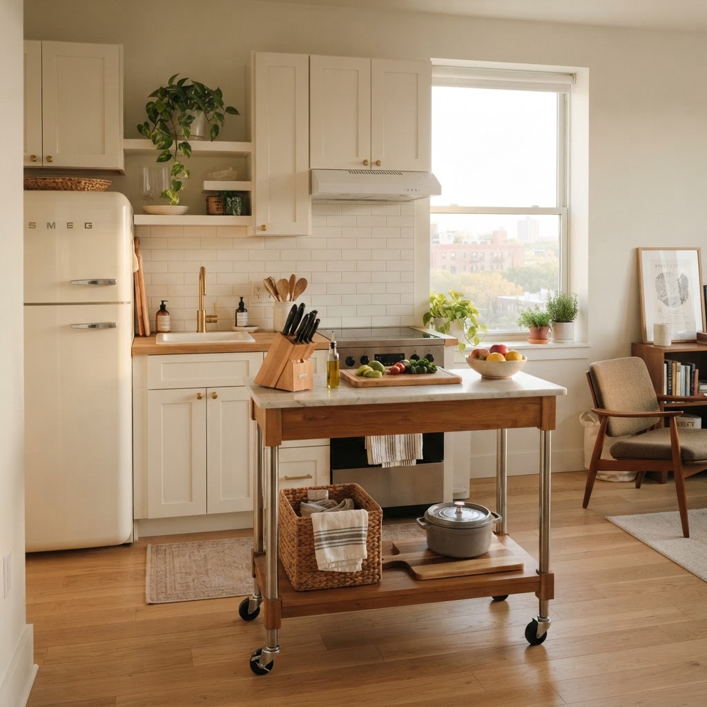 A mobile kitchen island is a perfect addition to any tiny cooking area.