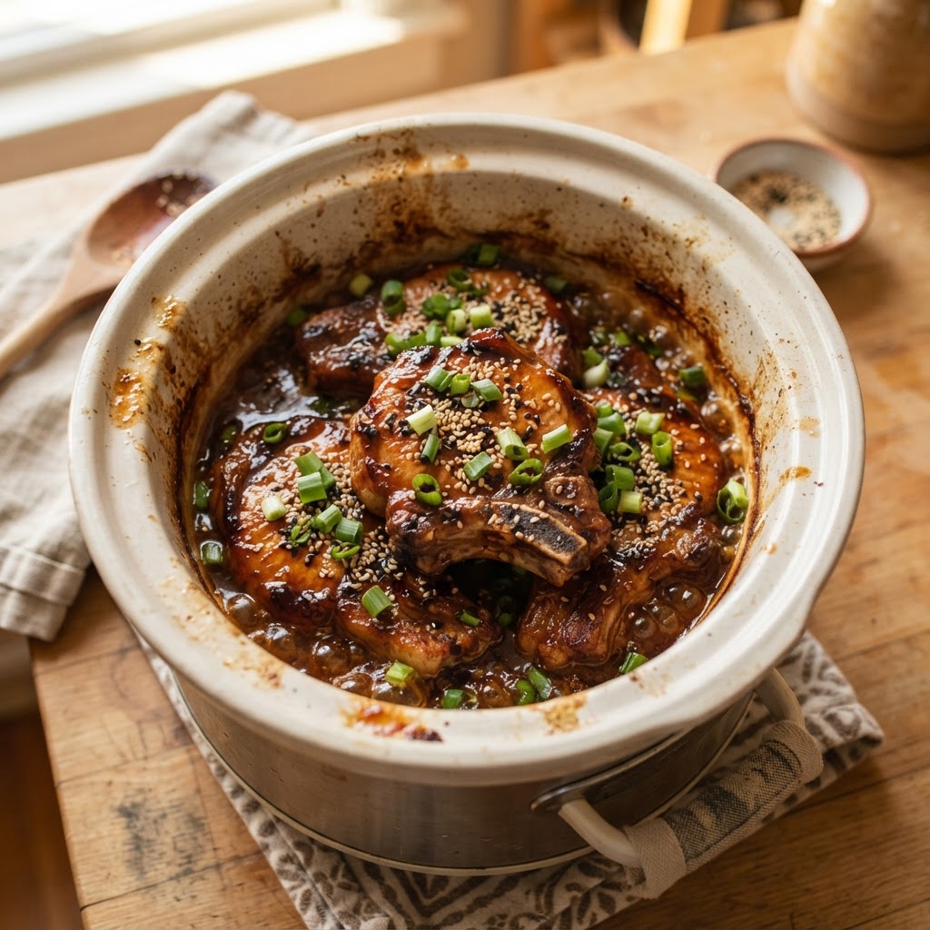 Honey garlic slow cooker pork chops garnished with green onions.