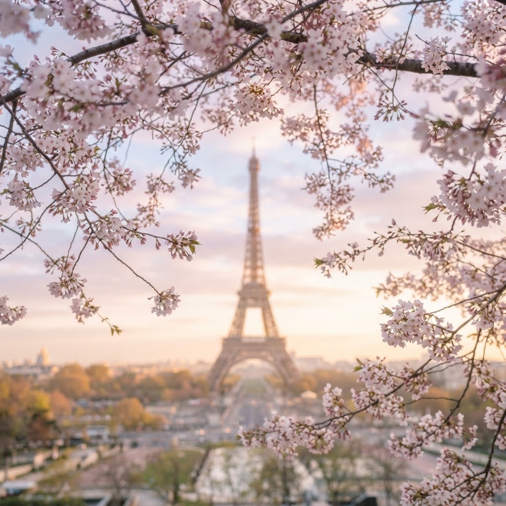The Eiffel Tower framed by soft cherry blossoms at sunrise.
