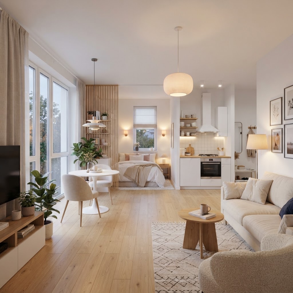 Defined lighting zones help organize and expand a studio apartment.