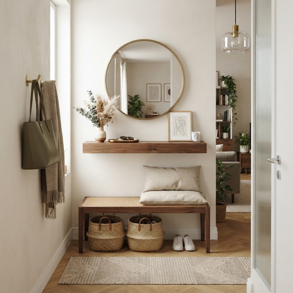 Vertical storage and mirrors help make small entryways feel personalized and spacious.
