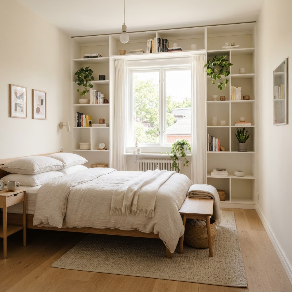 Vertical shelving units can draw the eye upward, making your small bedroom feel significantly more spacious.
