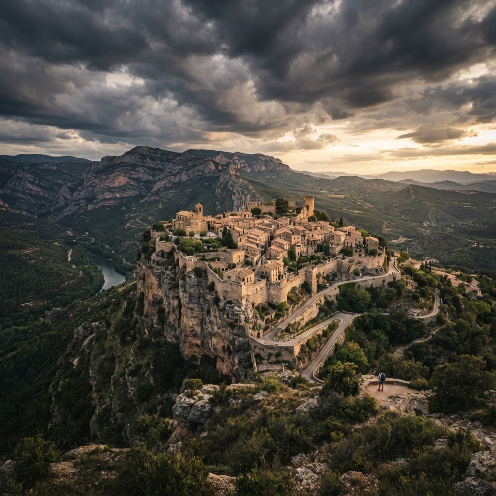 Medieval stone villages perched high on Spanish mountain ridges.