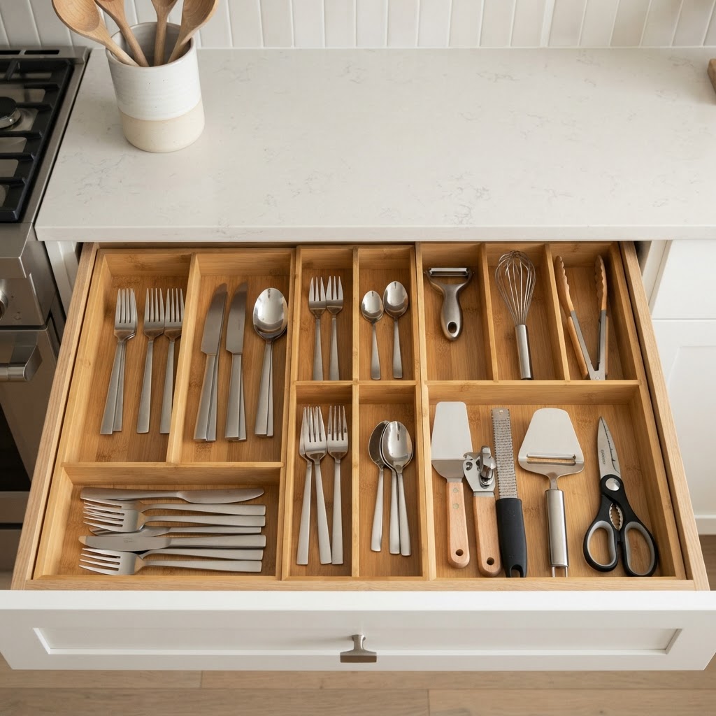 Custom dividers keep utensils organized and accessible.