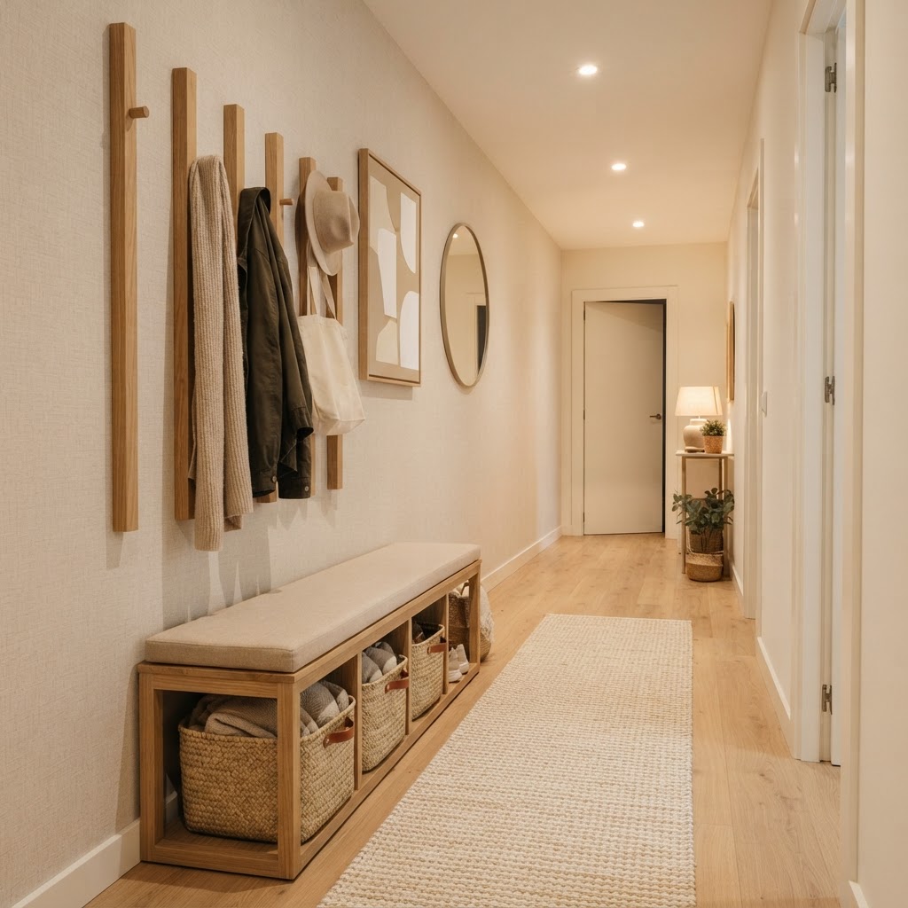 Vertical storage solutions help keep a narrow entry feeling organized and open.