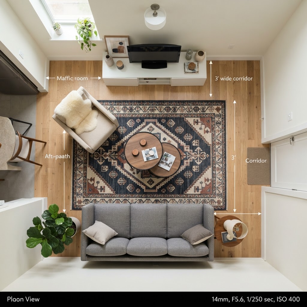 Defined zones created by area rugs help organize a compact living room layout.