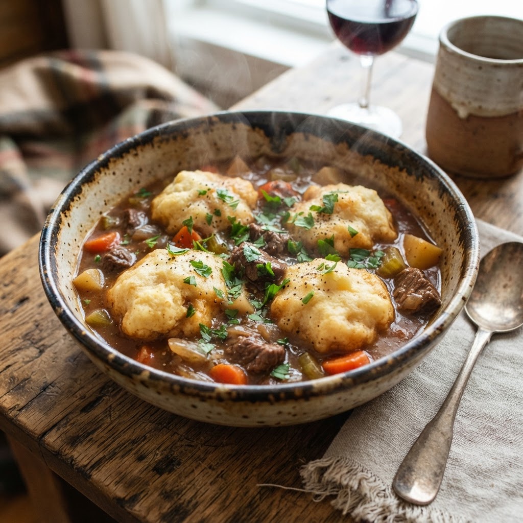 A steaming, comforting bowl of slow cooker beef stew and dumplings ready to serve.