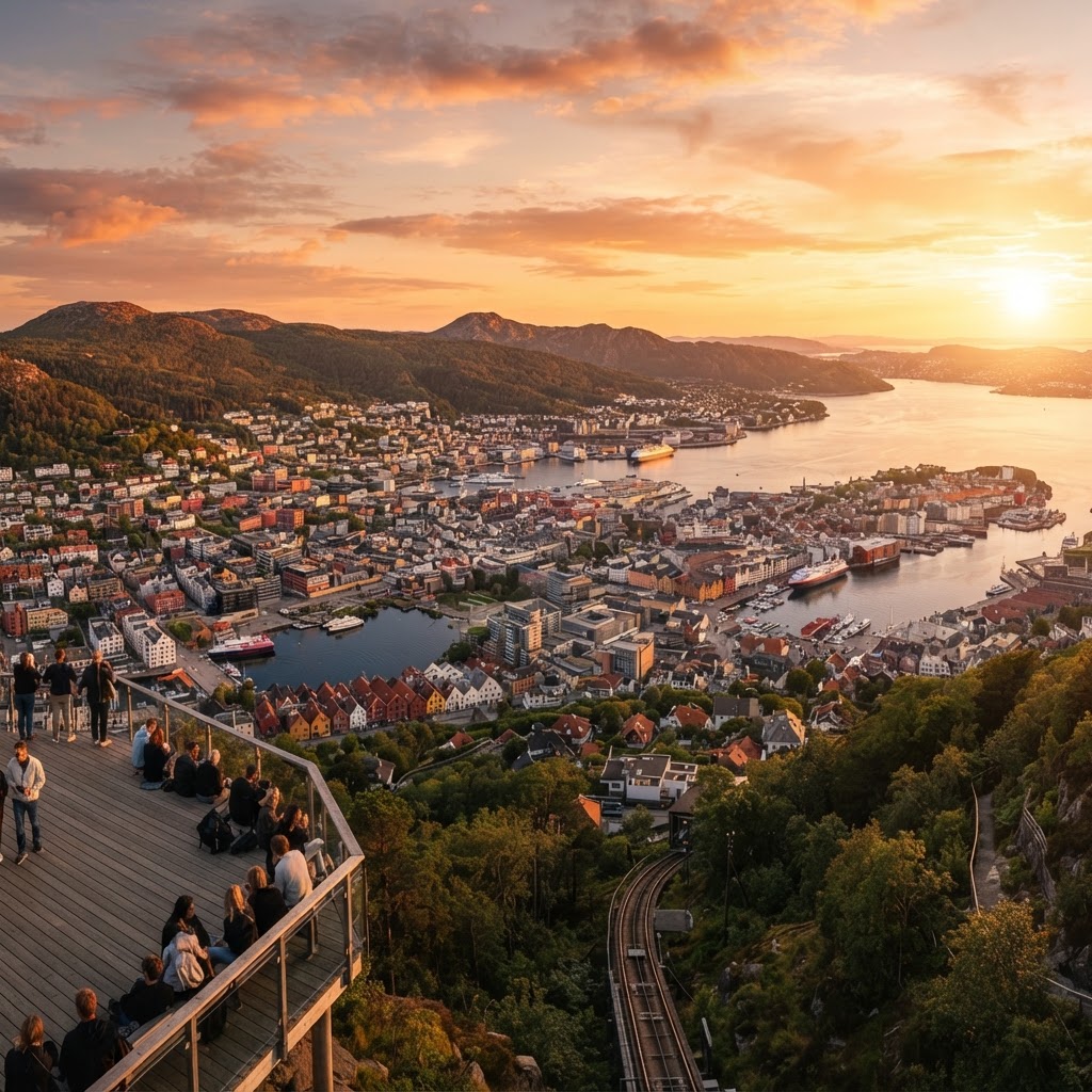 The panoramic view of Bergen from Mount Fløyen at sunset.