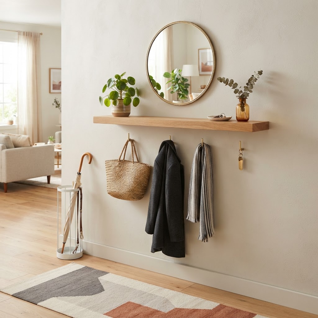 Modern, renter-friendly wall-mounted shelf and hook setup.