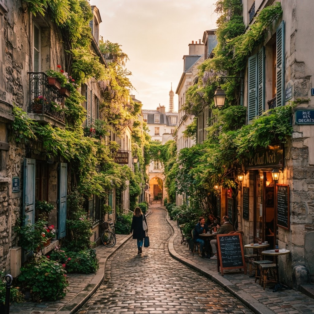 Historic alleyways illuminated by evening light.
