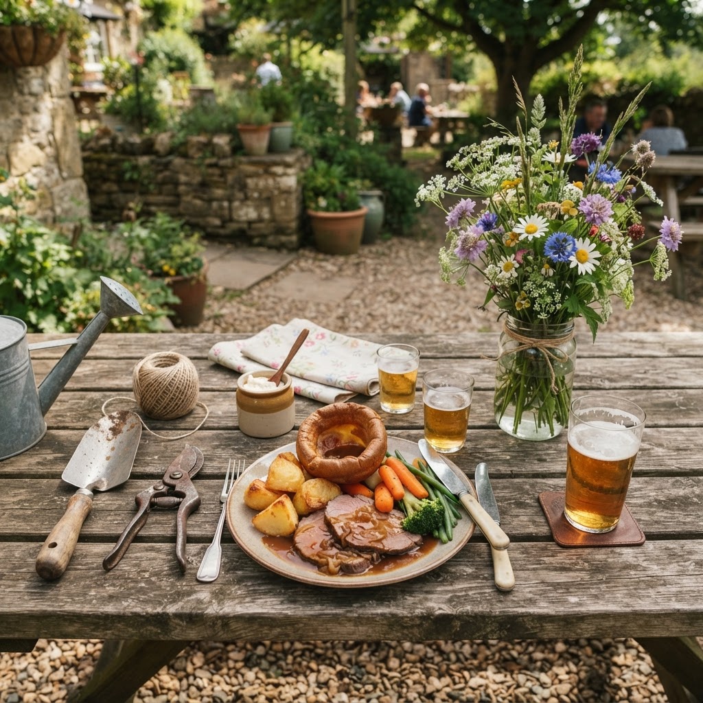 The ultimate outdoor dining experience at a cozy country pub.