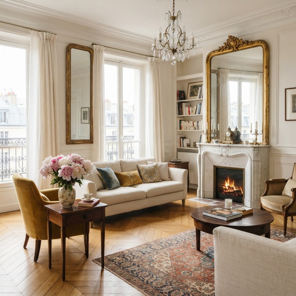 The interior of a classic Paris apartment features iconic herringbone floors and light-filled spaces.