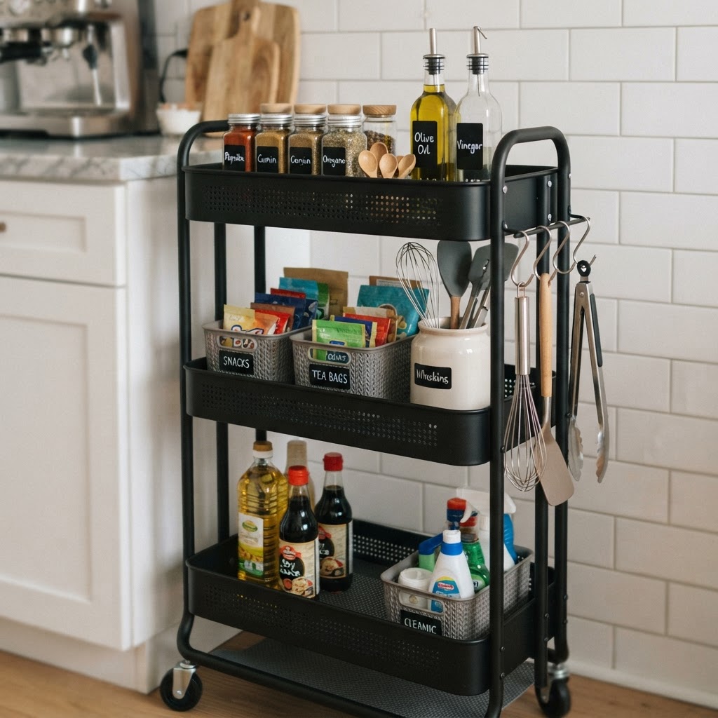 Detailed storage solutions on a compact utility cart.