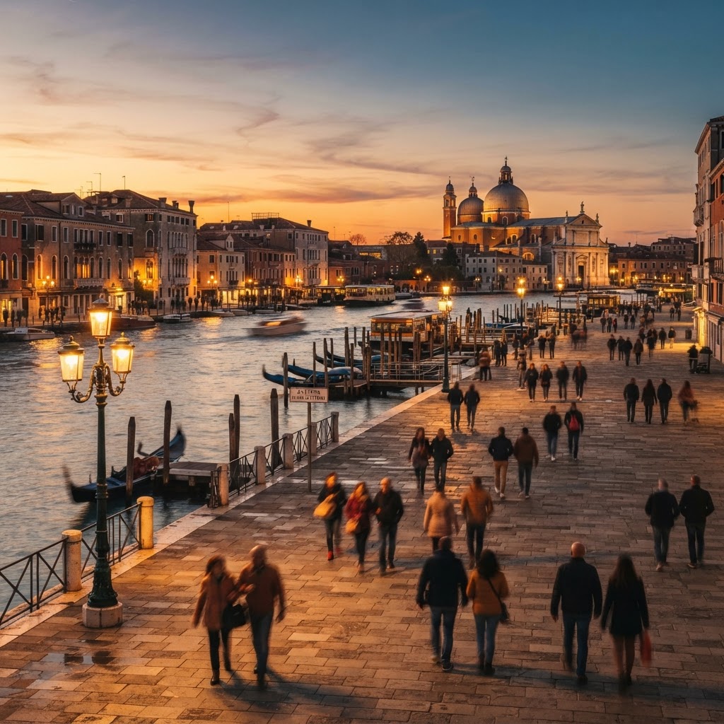 The beautiful Zattere promenade during the magic hour.