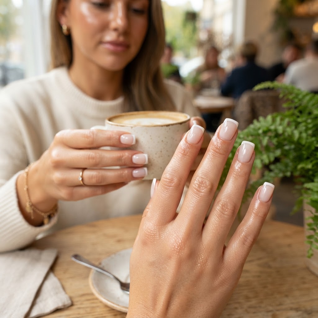 Classic square French tip press-ons for a clean girl look.