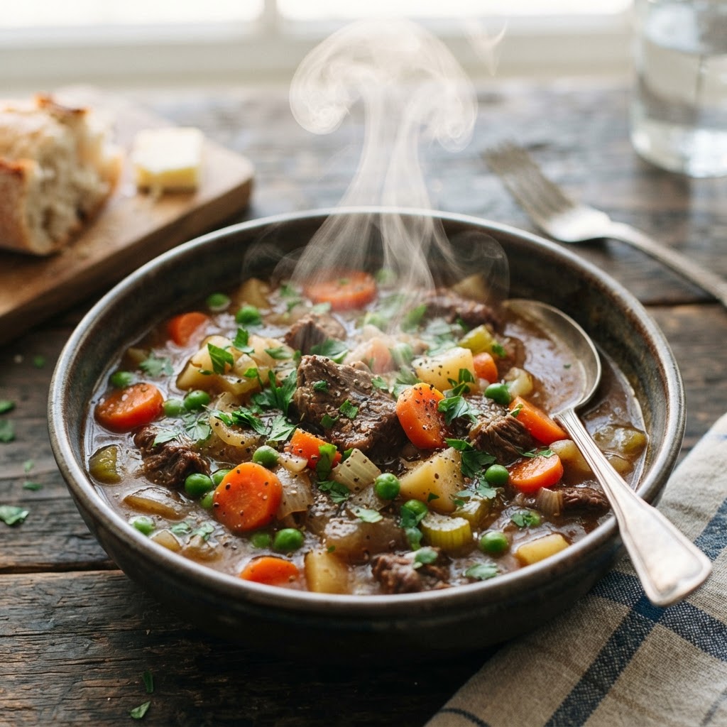 Close-up details of tender beef, sweet carrots, and rich, savory gravy.