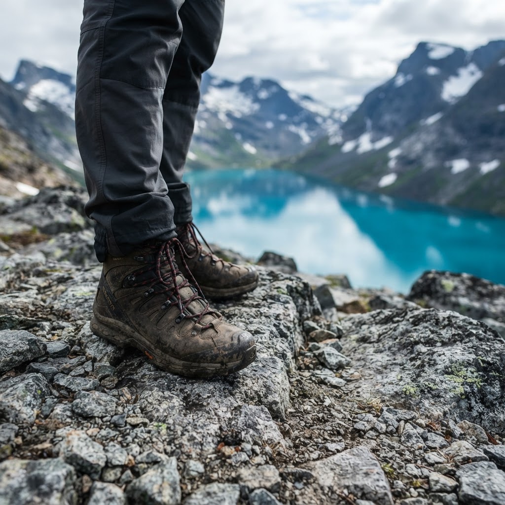Navigating the rocky terrain on the trail toward the lake requires sturdy footwear.