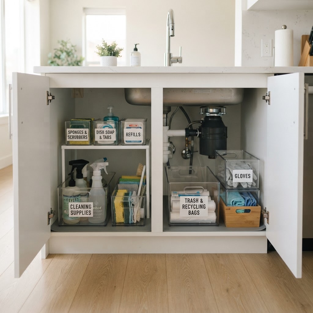 Clear, labeled bins maximize every inch of under-sink storage.