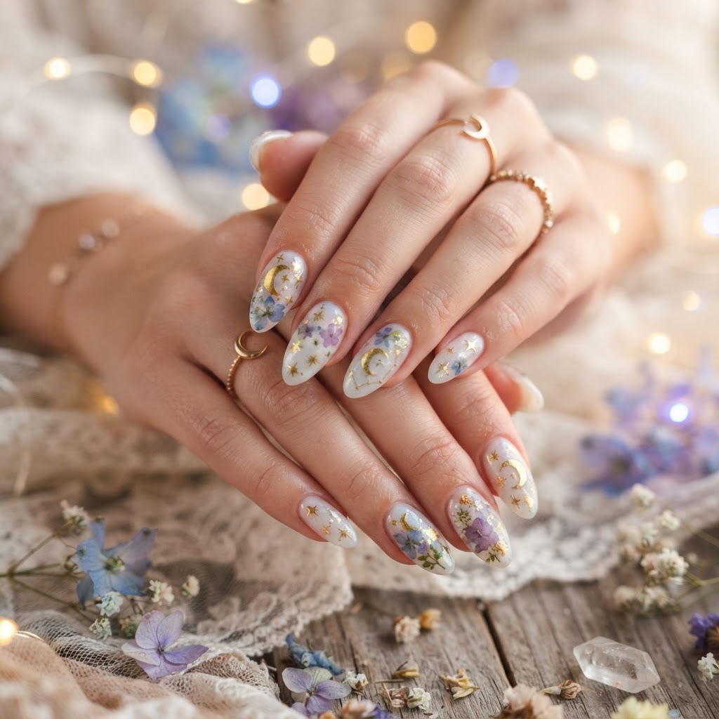 Celestial moon star and floral press-on nails offer a dreamy aesthetic.