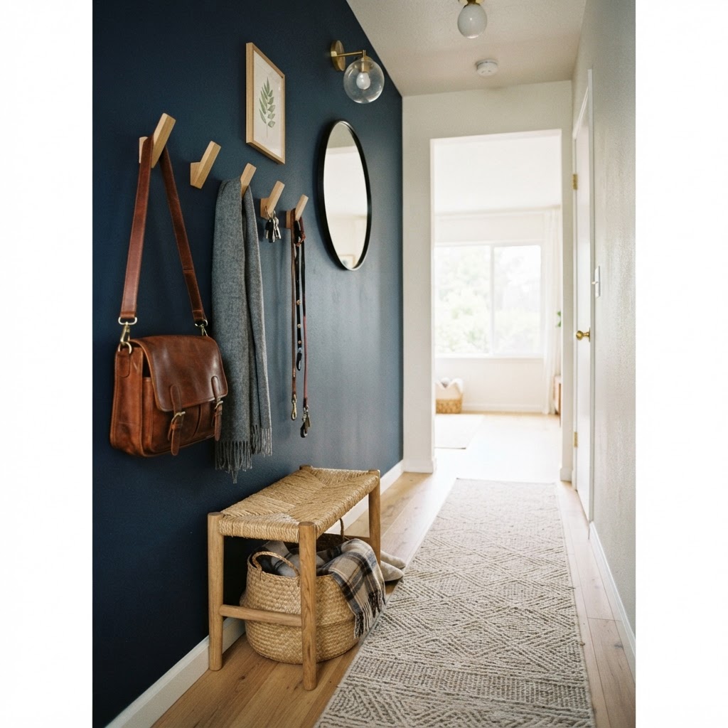 Utilize vertical wall space with modern hooks and a woven basket to hide clutter.