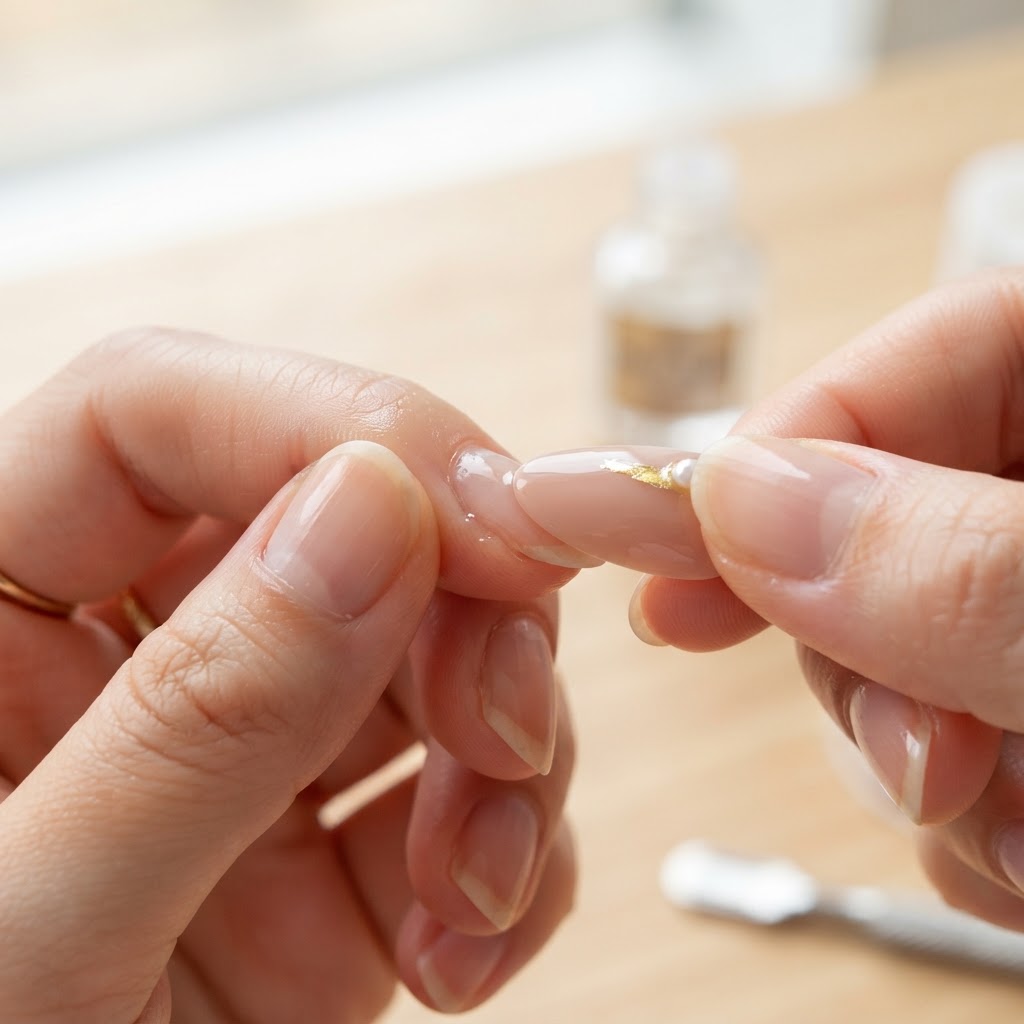 Applying a press-on nail with precision for a salon-quality finish.