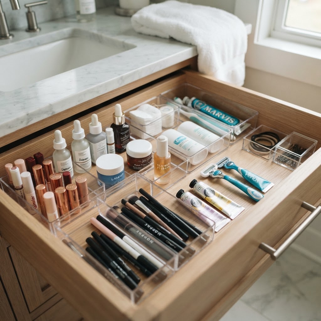 Drawer dividers are essential for keeping small bathroom items from becoming a cluttered mess.