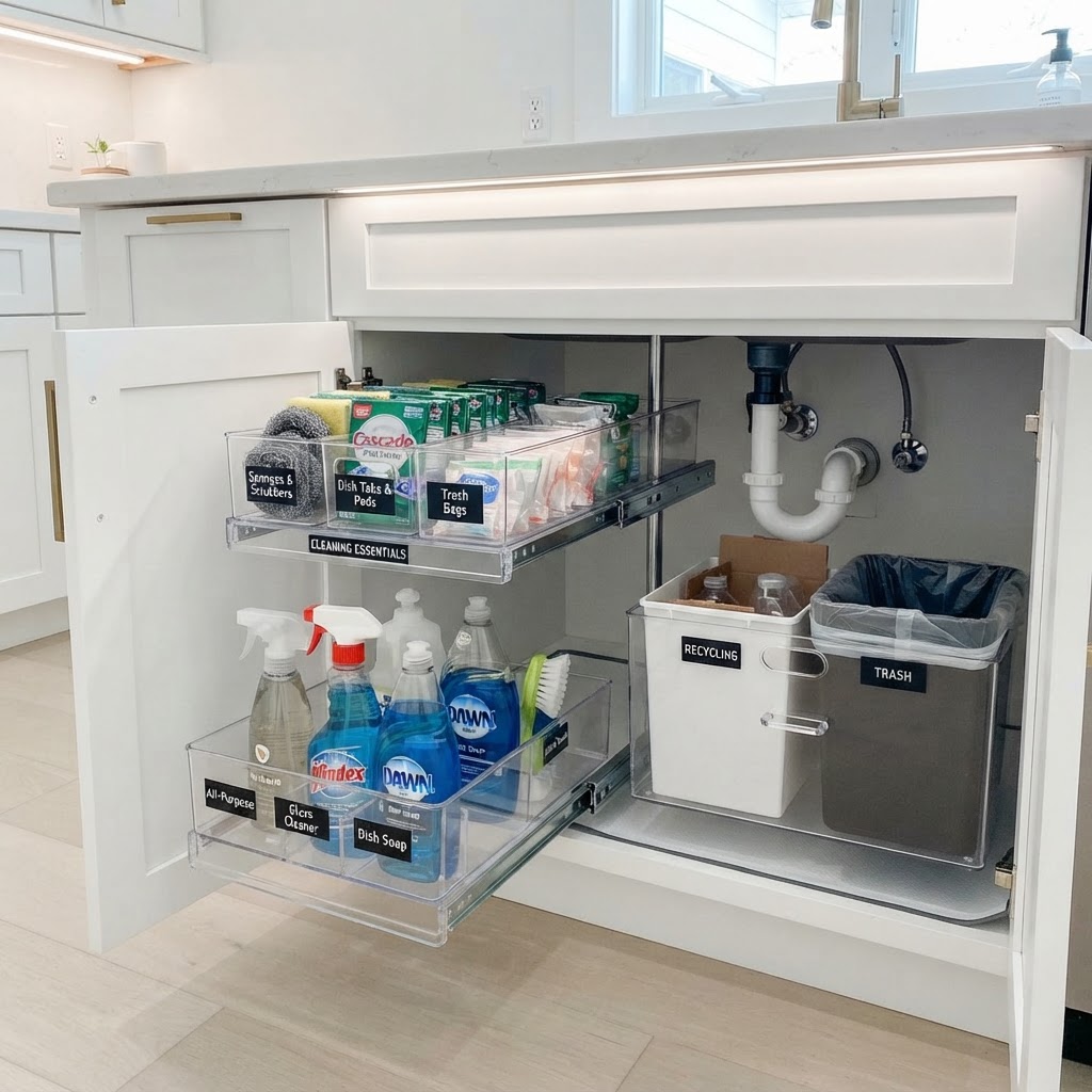 Utilize pull-out drawers to access items in the back of the cabinet.