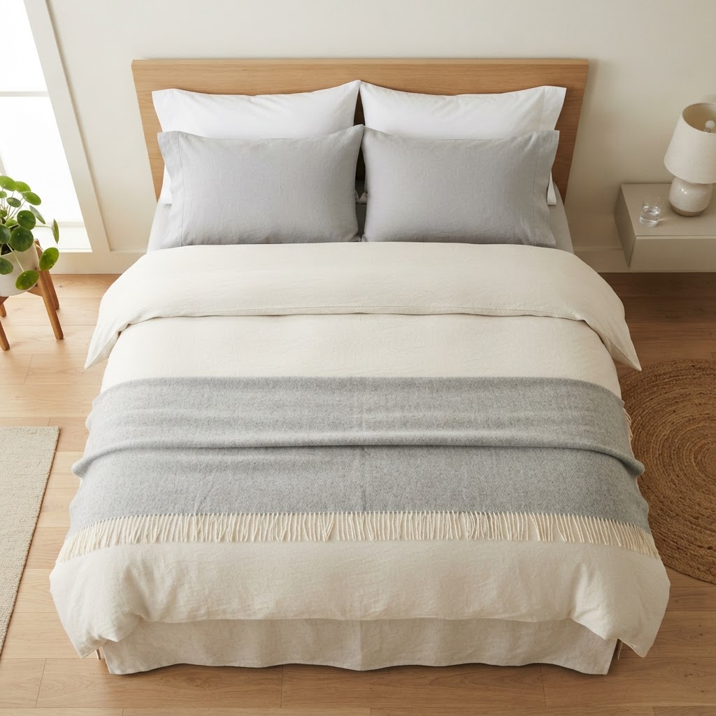 A clean, well-made bed is the centerpiece of a serene minimalist room.