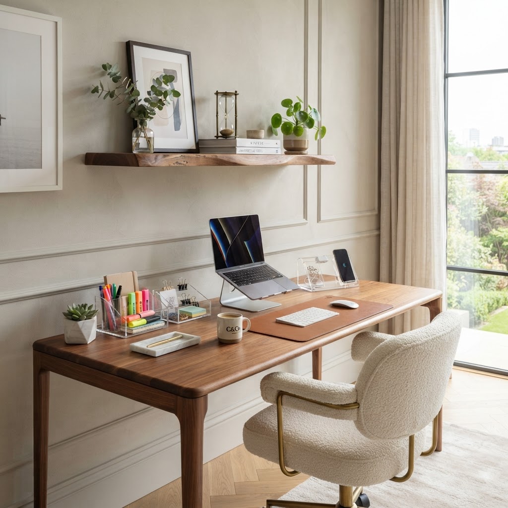 Floating shelves save space while providing a sophisticated display area.