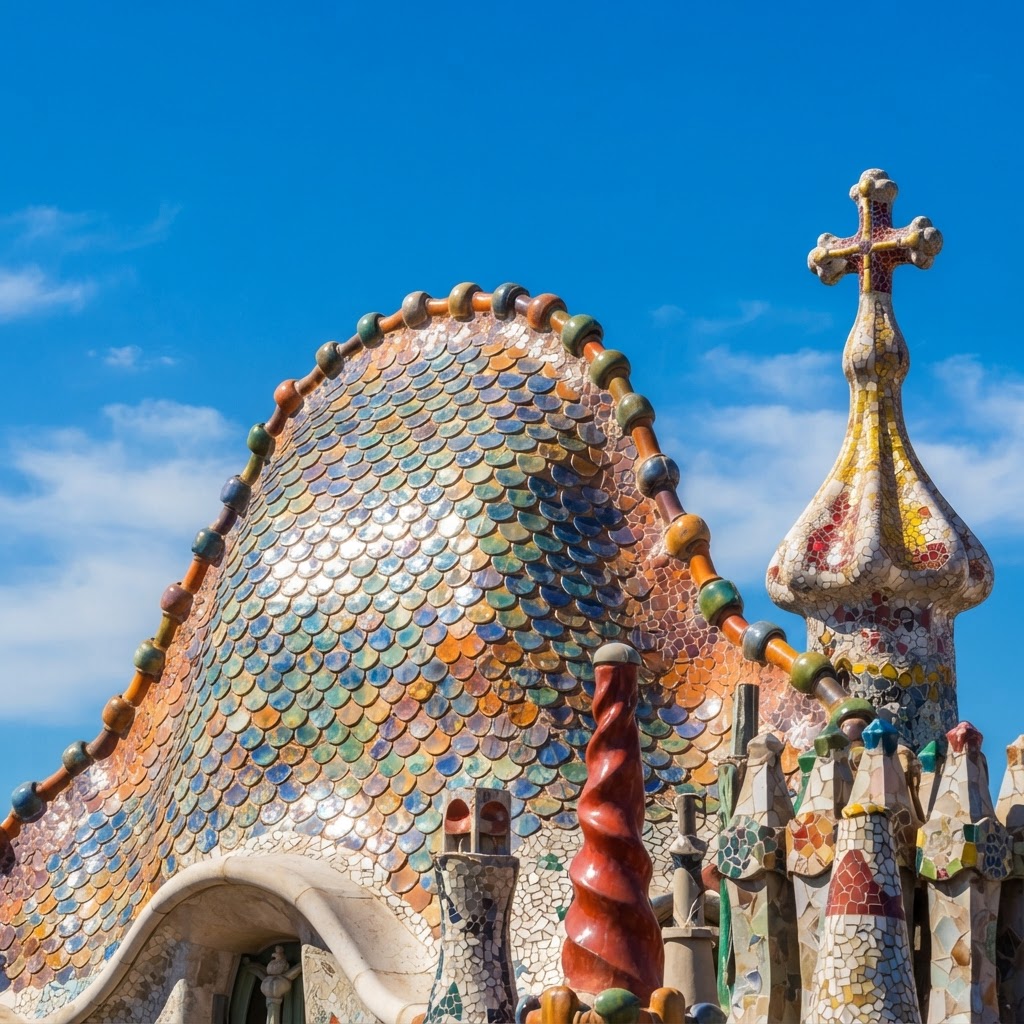 The legendary, colorful dragon-back roof at Casa Batlló.