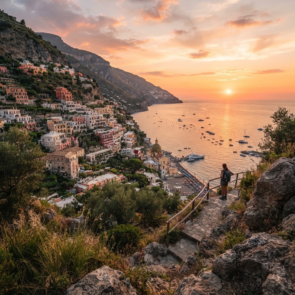 The golden hour transforms Positano into a glowing masterpiece when viewed from above.