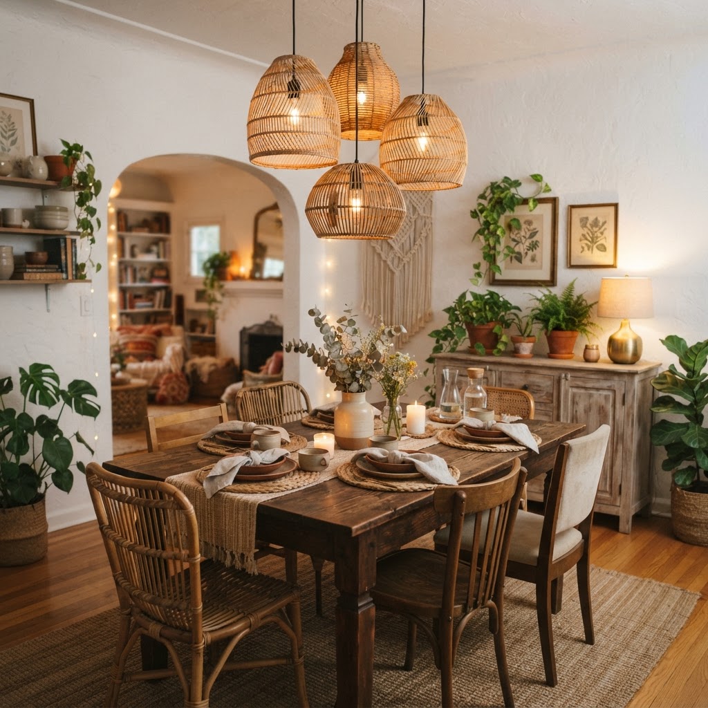 Layered lighting, including rattan pendants, creates a cozy dining experience.