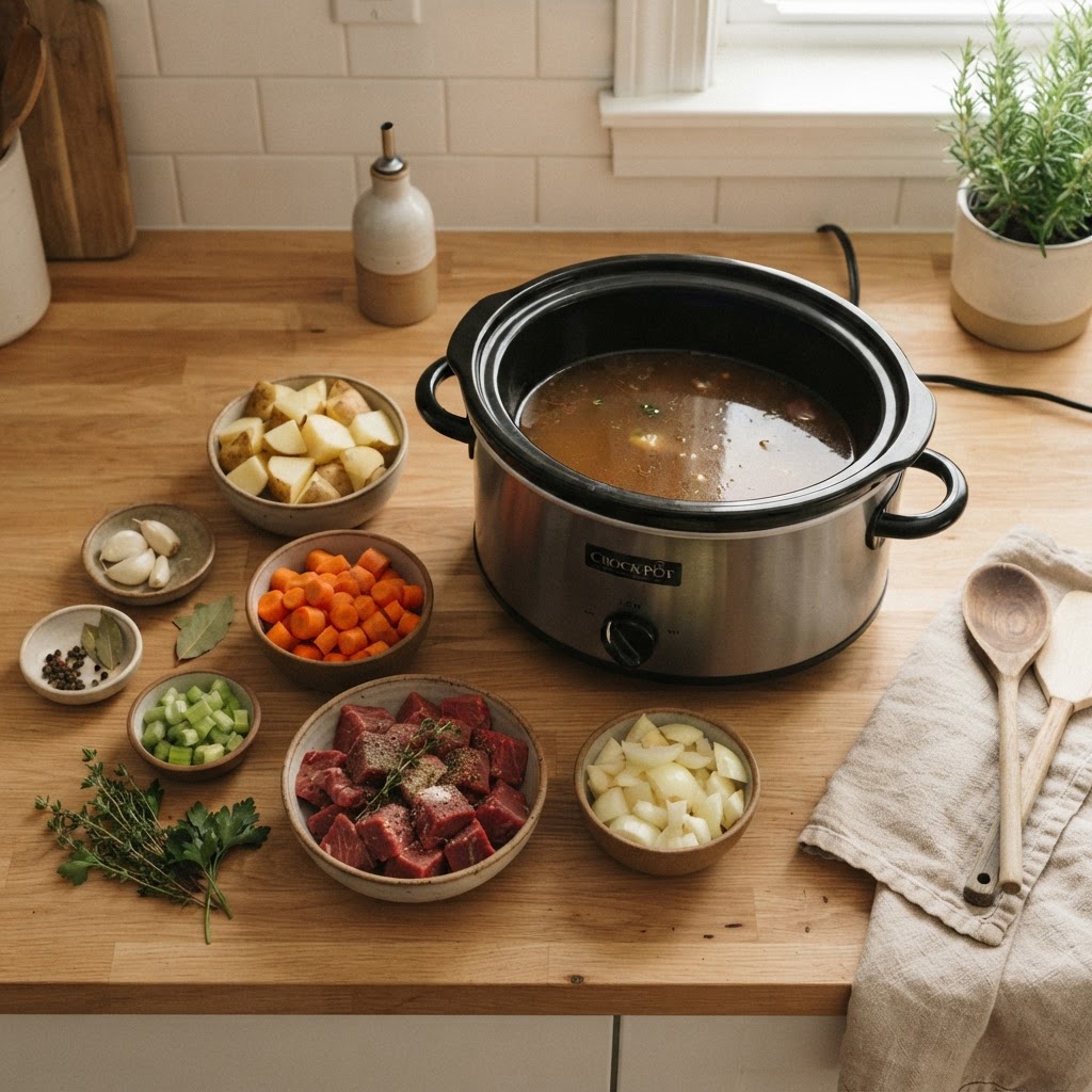 Fresh ingredients prepared for a delicious slow cooker meal.