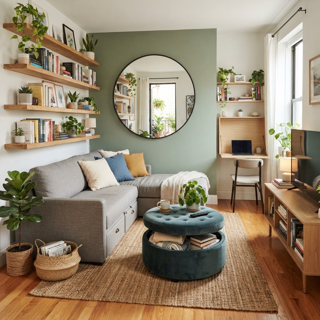 Smart furniture choices and mirrors make this small room feel significantly larger.