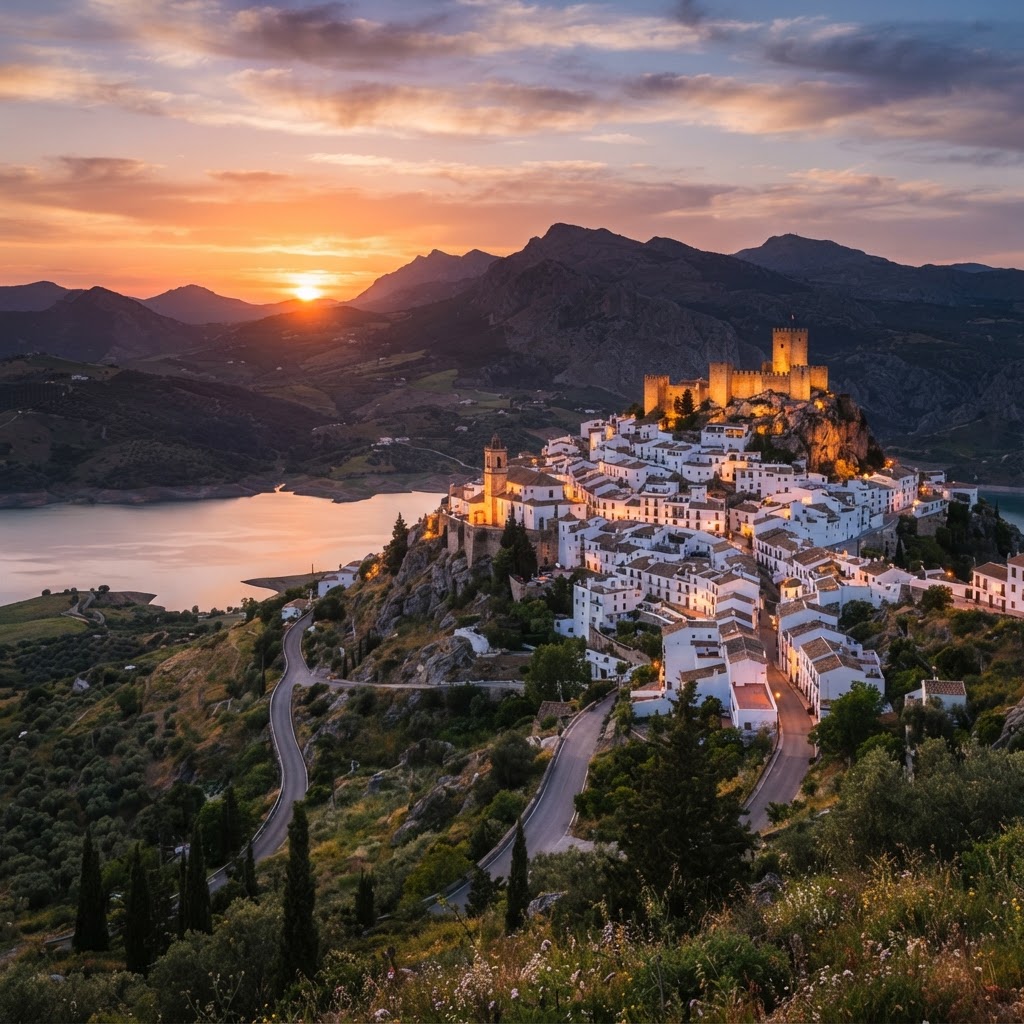 Golden hour illumination on the Pueblos Blancos.
