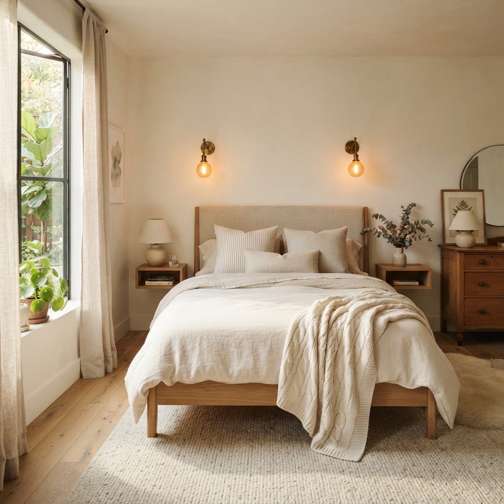 A serene and inviting bedroom setup using layered whites and warm lighting.
