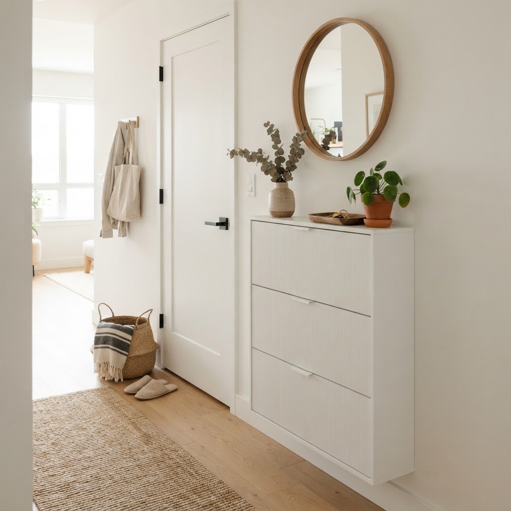 A slim tip-out cabinet maximizes space in this narrow foyer.