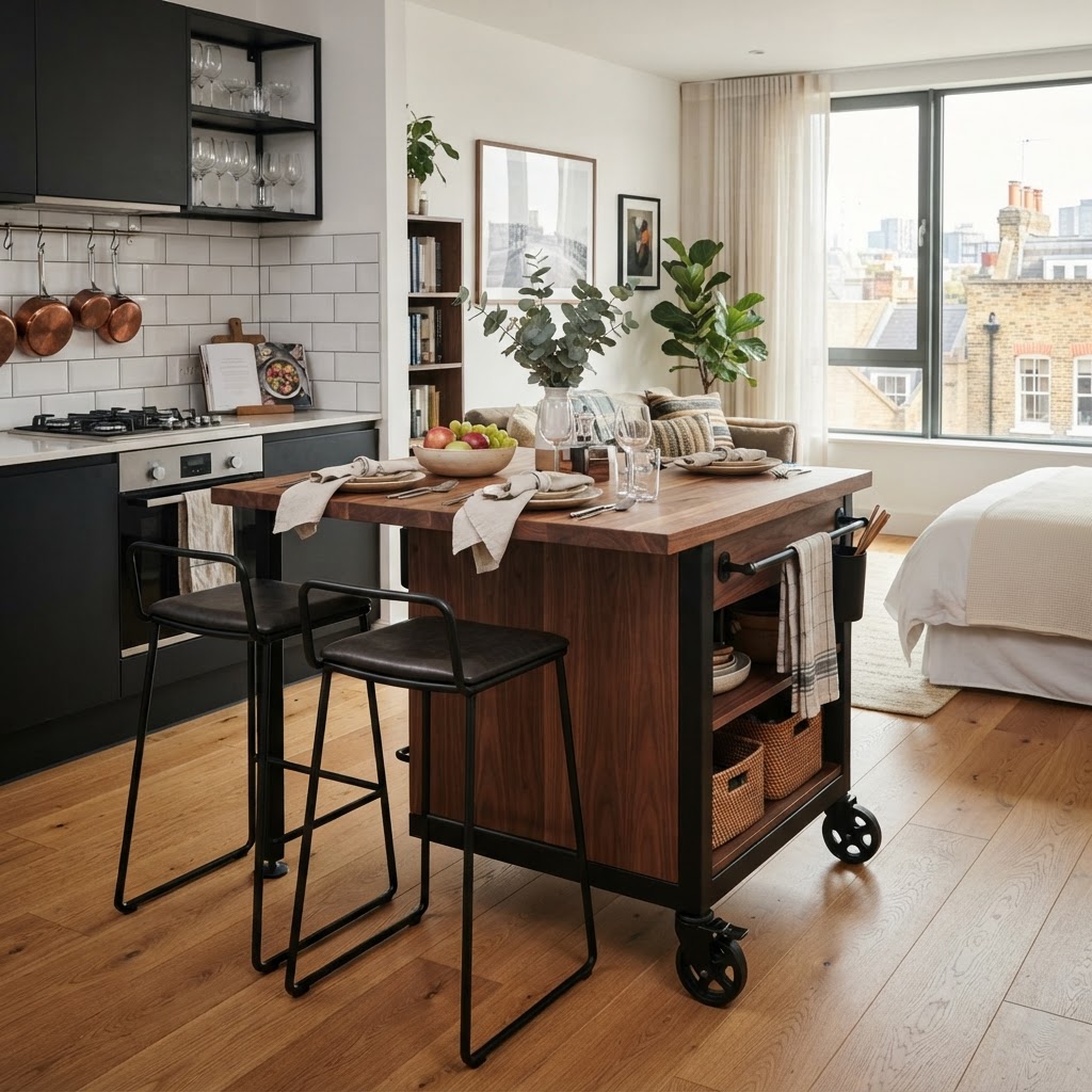 The perfect multi-functional rolling island for flexible prep and dining.