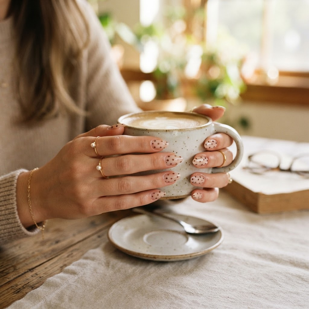 The nude pink and chocolate polka dot nails in action, styled for a cozy day.