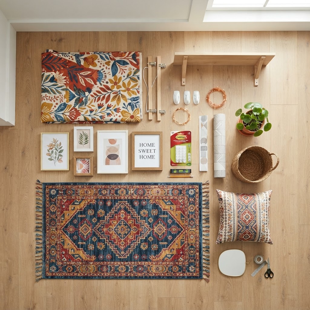 Temporary decor items like tapestries and adhesive hooks allow for personality-filled walls.