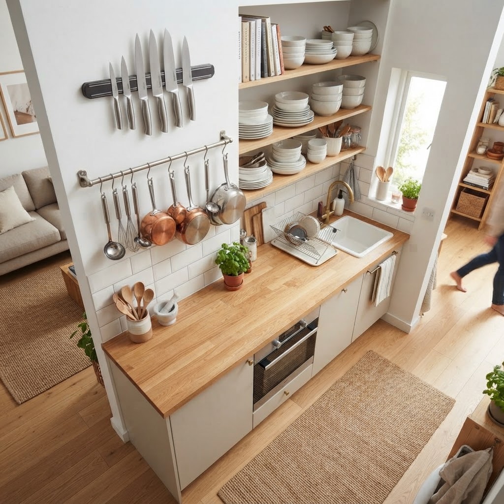 Vertical storage solutions keep essential tools within reach without cluttering surfaces.