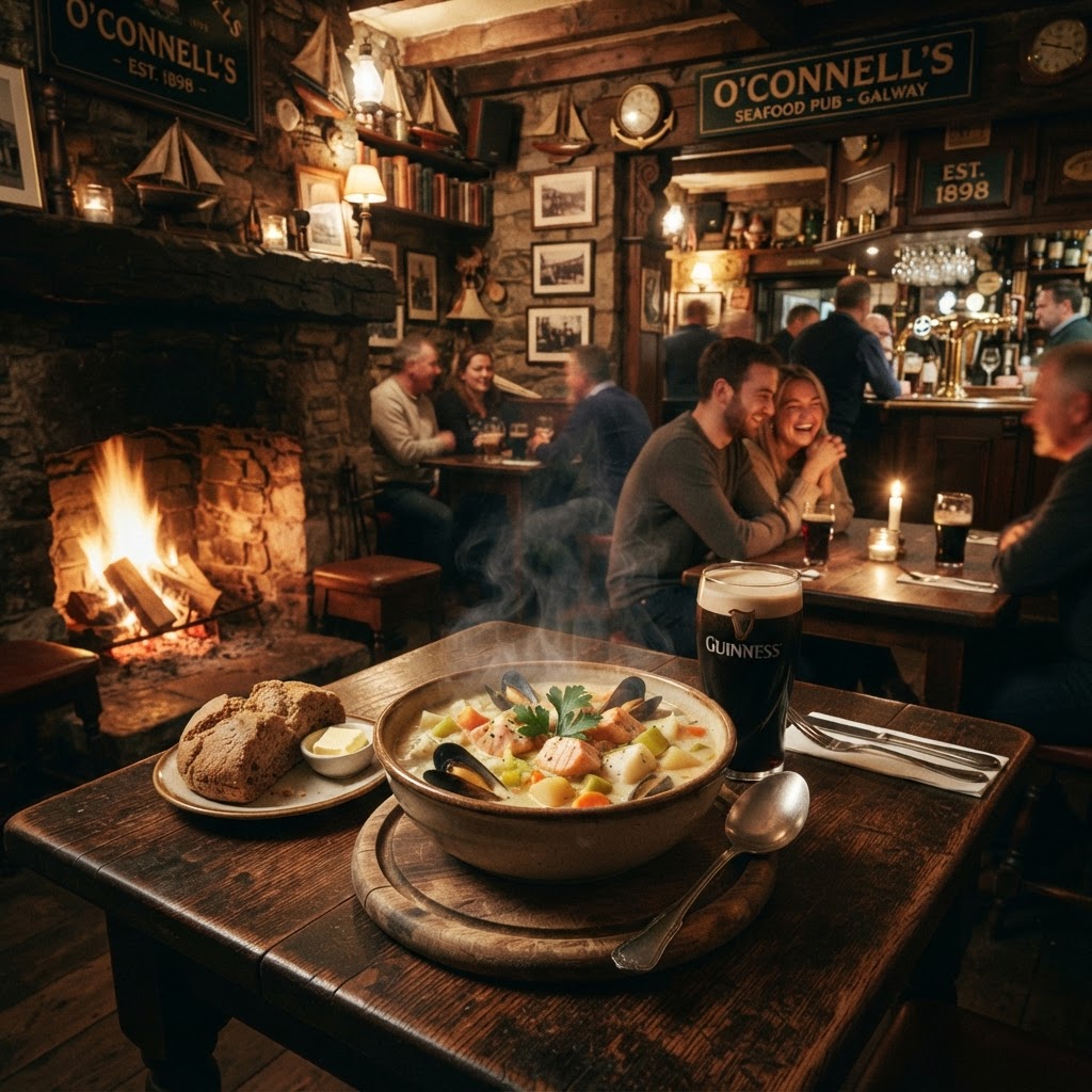 A bowl of traditional seafood chowder by the fire in a historic Galway pub.