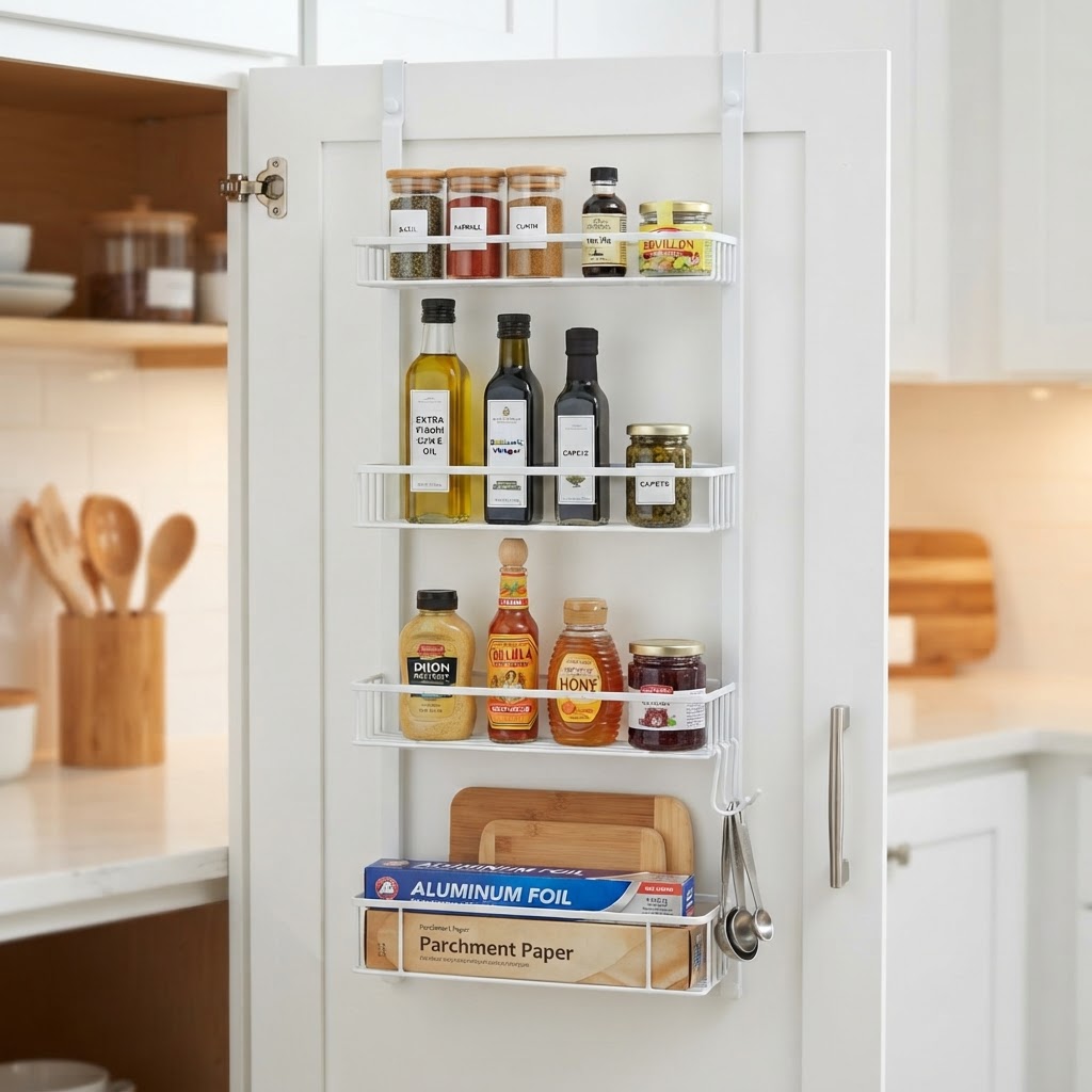 Utilize cabinet doors to gain extra kitchen storage space.