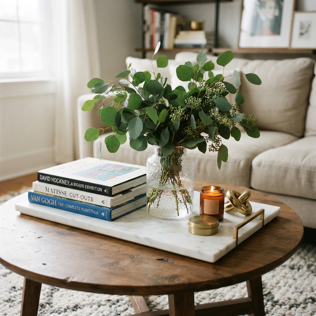 Intentional styling makes a coffee table look luxurious.