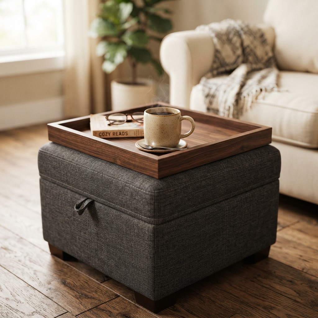 An ottoman with a tray top creates a stable surface for drinks and decor.