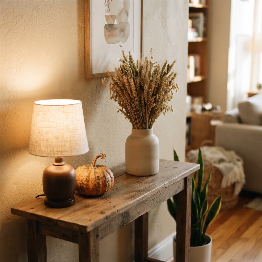 Small details like dried botanicals and lighting create a cozy fall atmosphere.