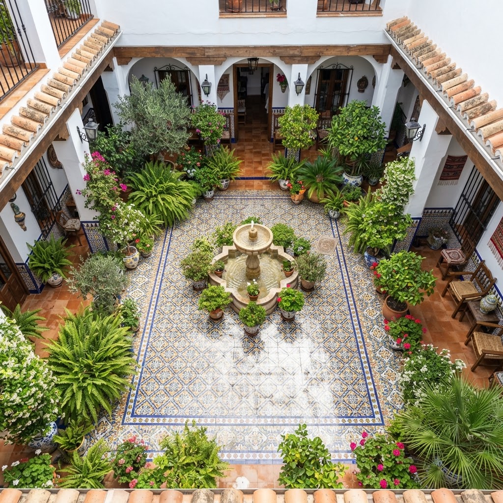 A serene and colorful traditional patio.